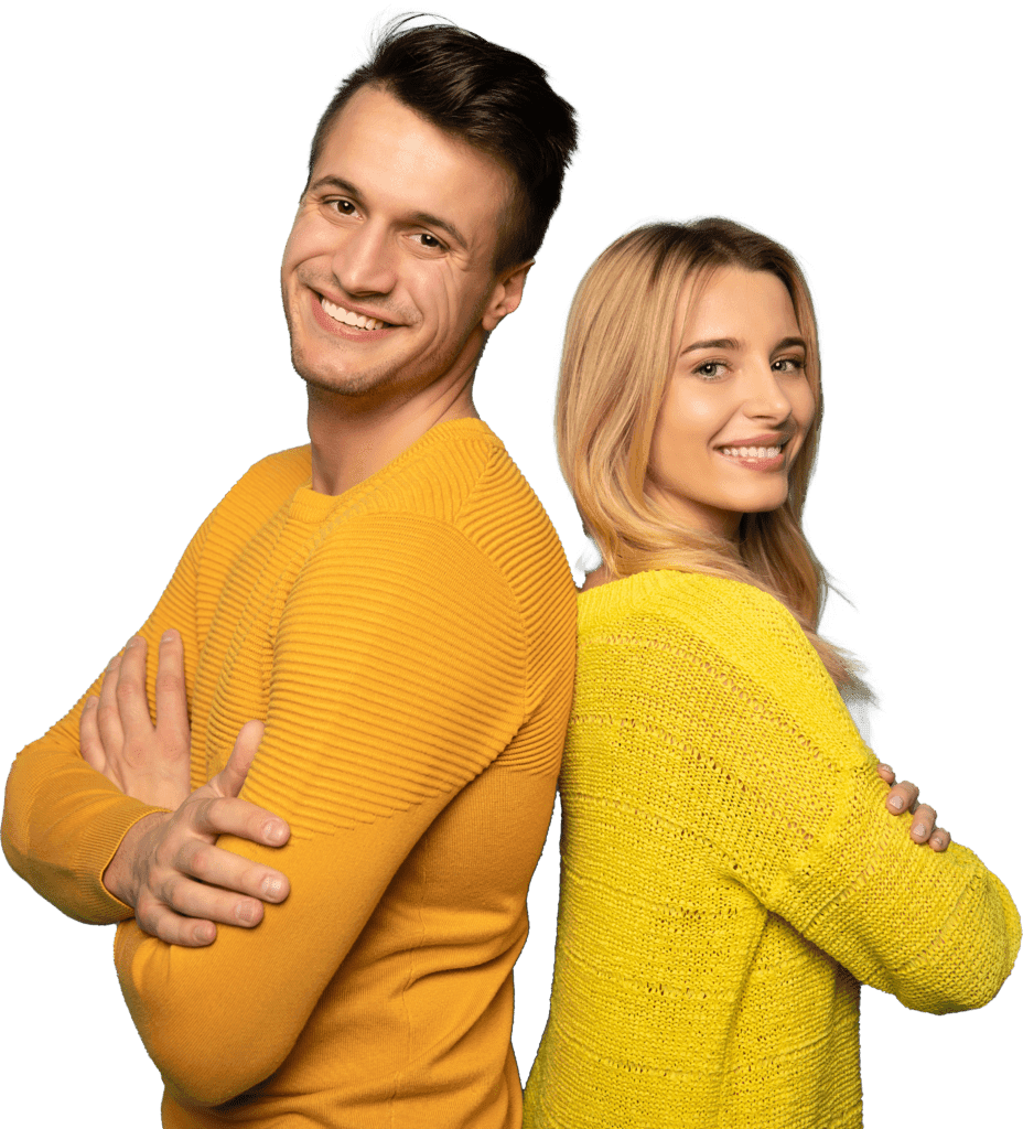 A smiling man and woman stand back to back with arms crossed, both in bright yellow sweaters, confidently representing PersonaLab against a plain background.