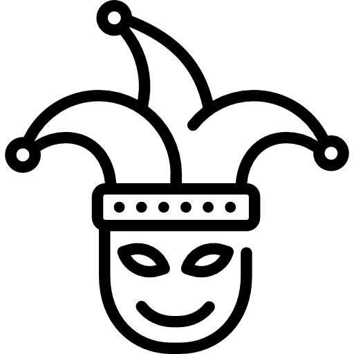 Black and white line drawing by PersonaLab of a jester’s face wearing a three-pointed hat with bells and a smiling mask.