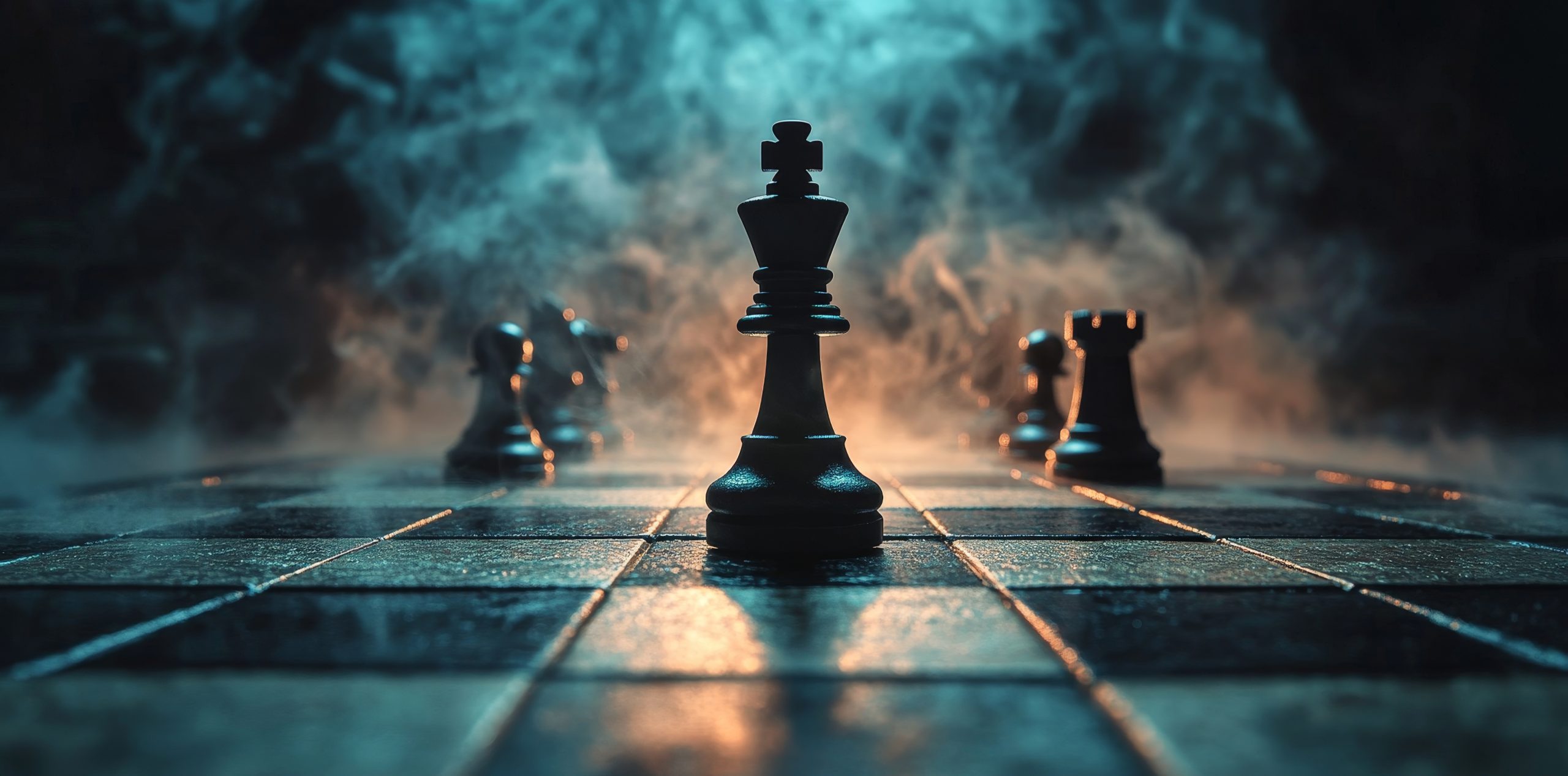 Chess pieces are positioned on a chessboard, with a dark and foggy background that is blurred, conveying the intensity of an epic chess game illustration Chess pieces are positioned on a chessboard, with a dark and foggy background that is blurred, conveying the intensity of an epic chess game illustration