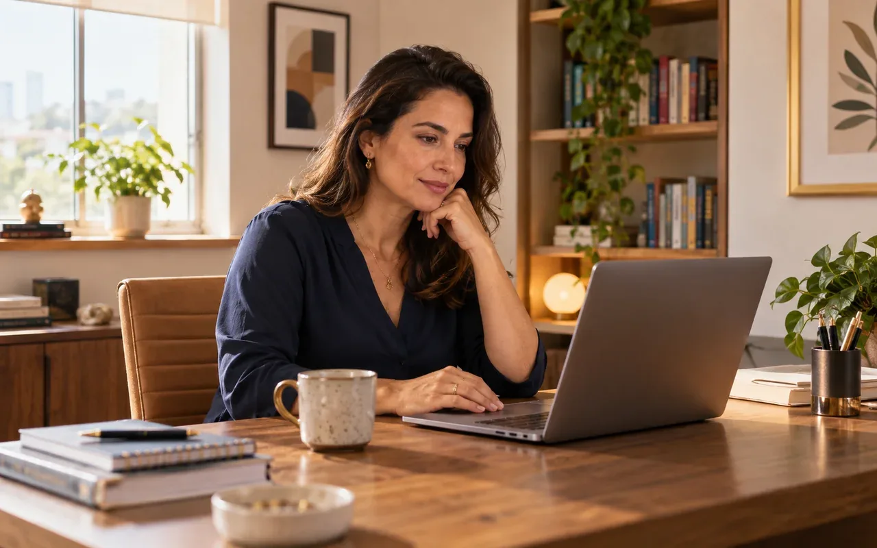 Psicóloga revisando seu site em um notebook no consultório